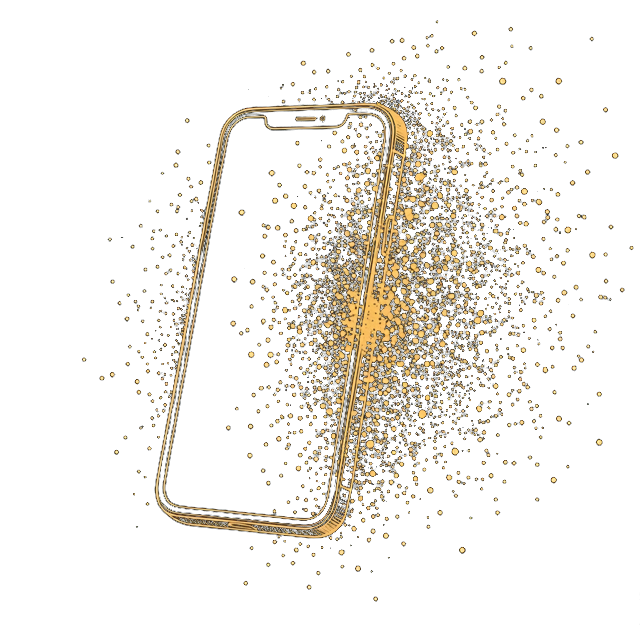 Line illustration of a smartphone dissolving into static