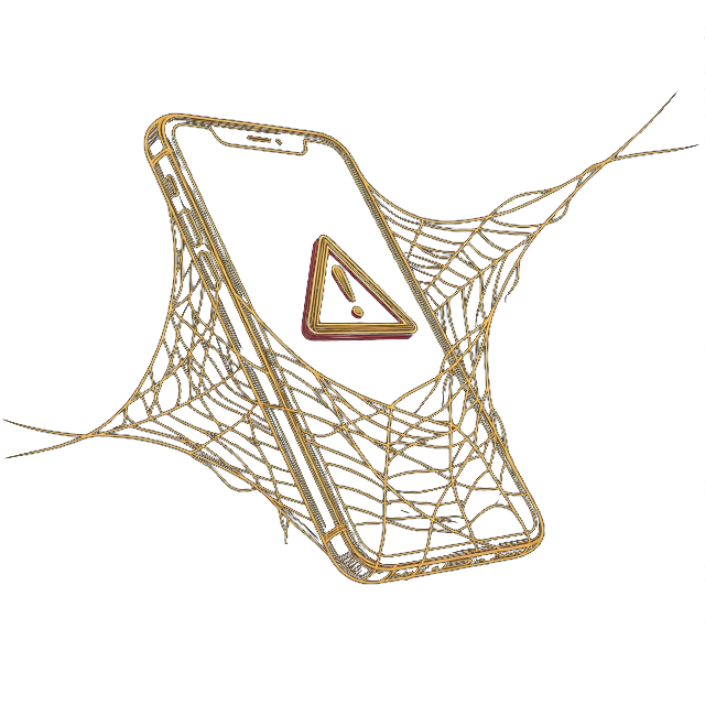 Line illustration of a smartphone caught in a net with a warning triangle